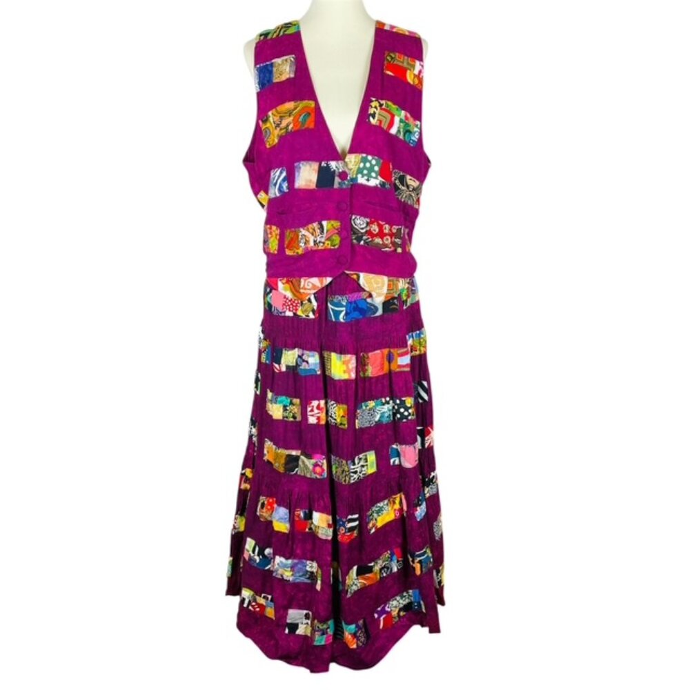 Vtg Theo 2 Pc Set Vest Skirt Sz L M Patchwork Boho Lagenlook Gypsy Festival
